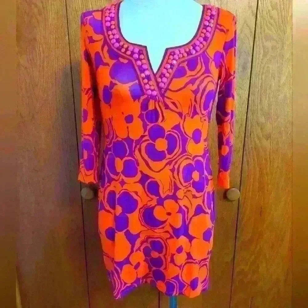 Boden Vibrant Long Sleeve Dress in Orange and Purple